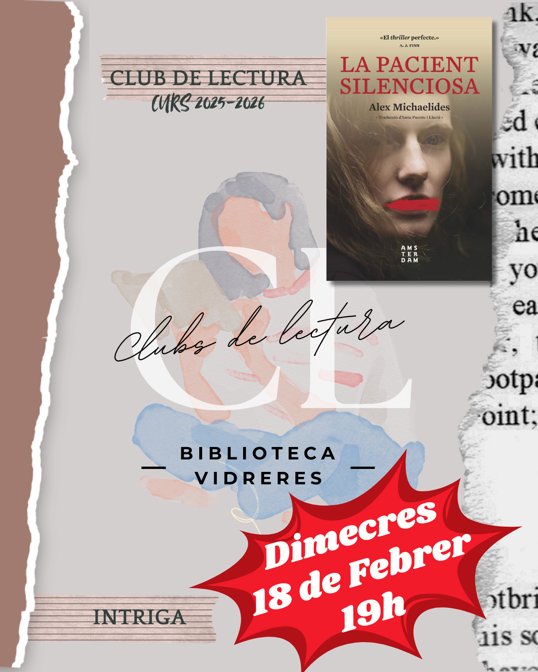 CLUB DE LECTURA INTRIGA: "La pacient silenciosa", d'Àlex Michaelides